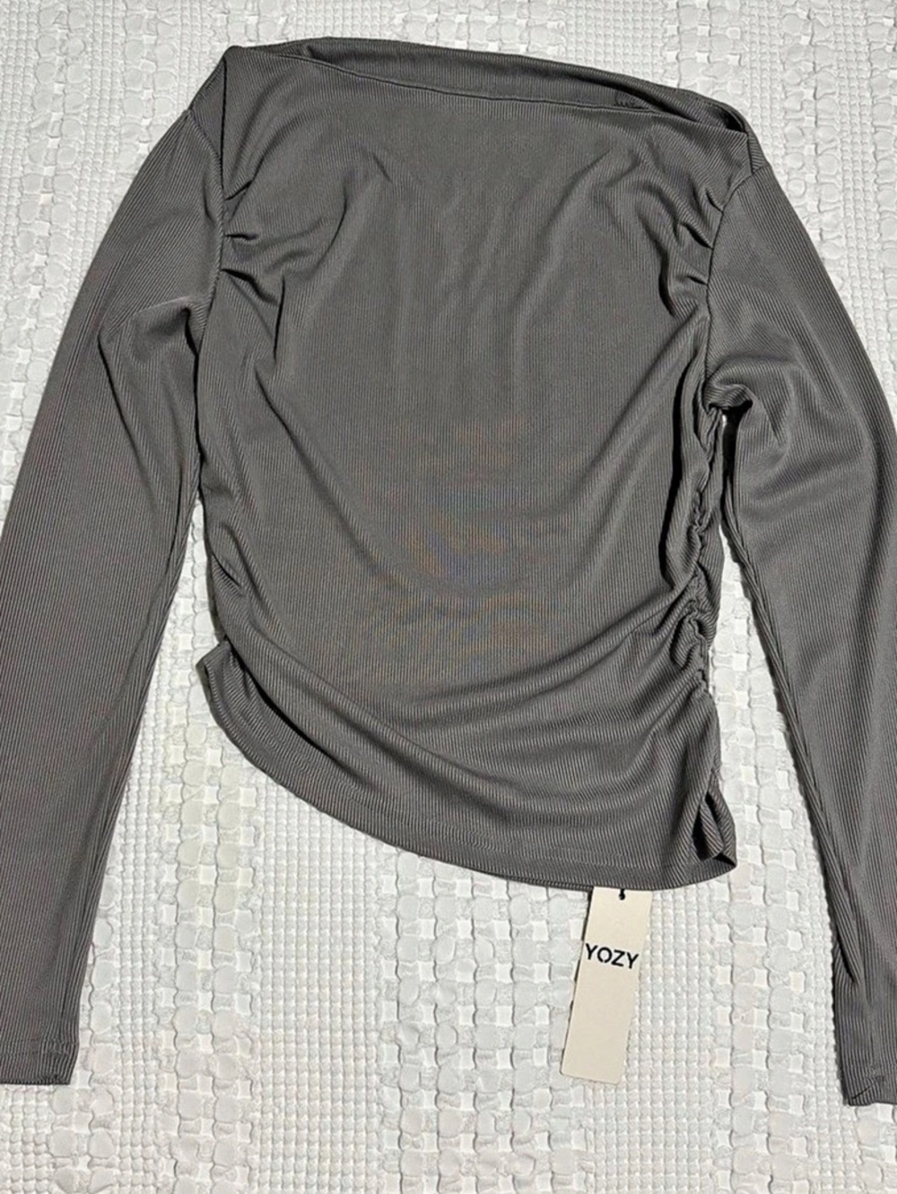 YOZY Gray Ribbed Asymmetrical Long Sleeve Pullover Blouse Bodysuit Gray Small